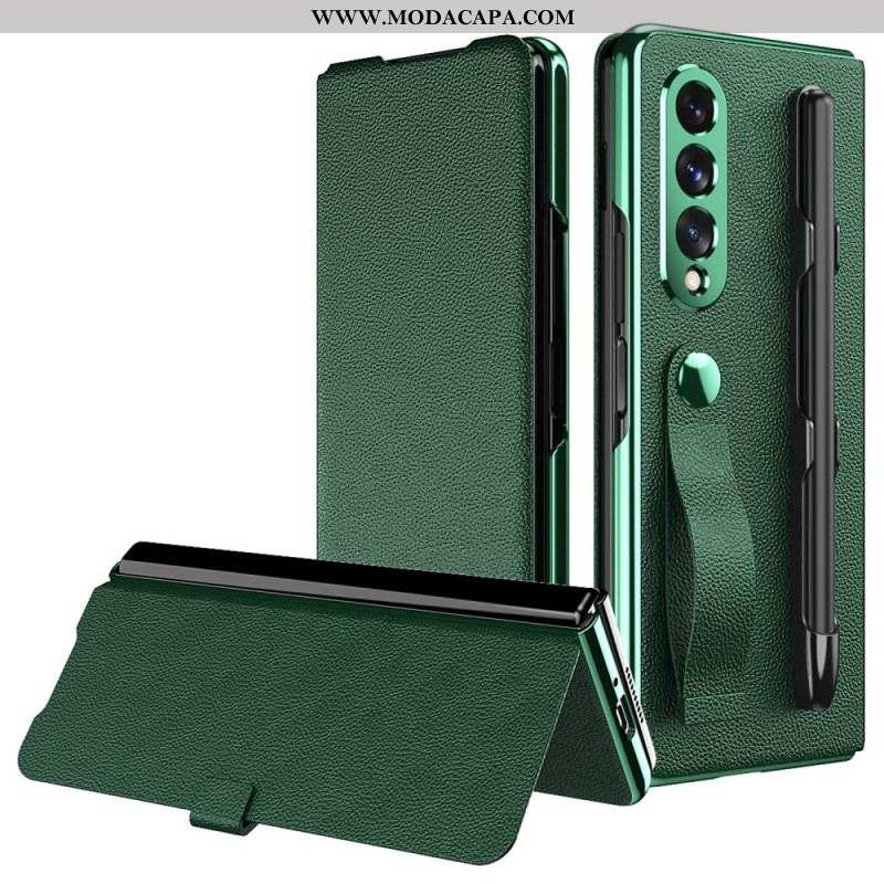 Capa De Celular Para Samsung Galaxy Z Fold 3 5G Flip Suporte E Alça Para Estilete Estilo Couro Lichi