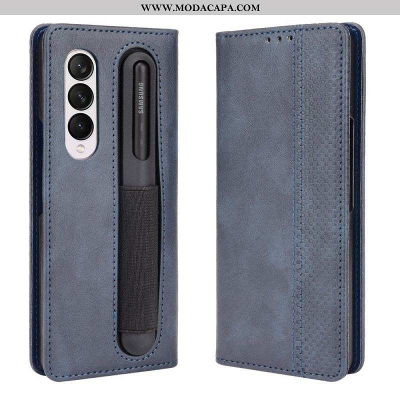 Capa De Couro Para Samsung Galaxy Z Fold 3 5G Suporte Para Caneta Estilizado Com Efeito De Couro