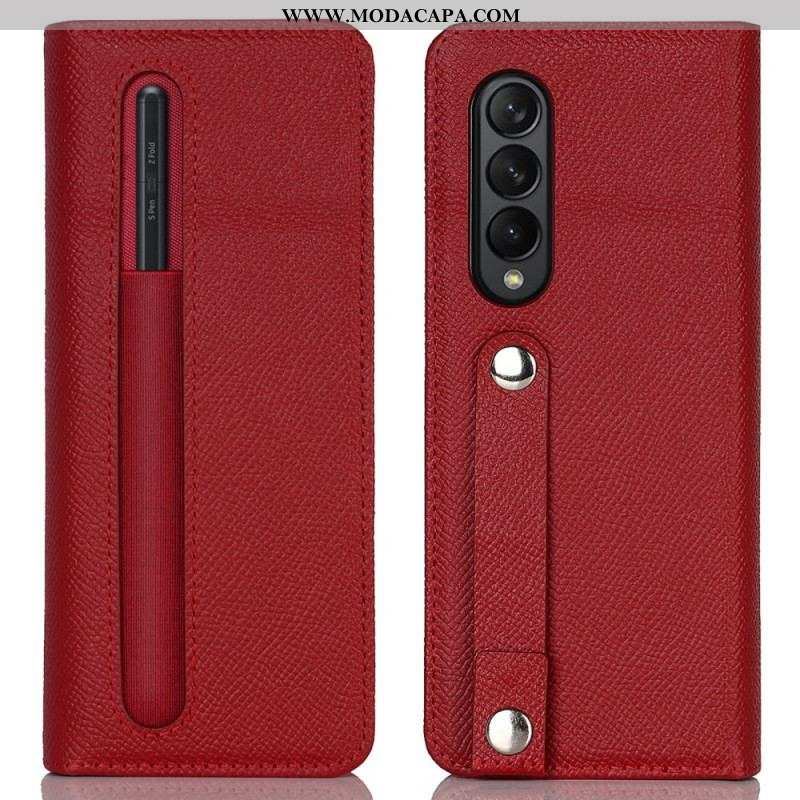 Capa Folio Para Samsung Galaxy Z Fold 3 5G Porta Caneta E Alça De Couro Genuíno