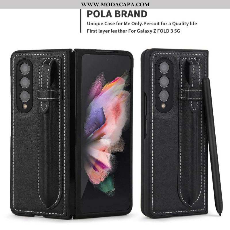 Capa Para Samsung Galaxy Z Fold 3 5G Porta-canetas De Couro Genuíno