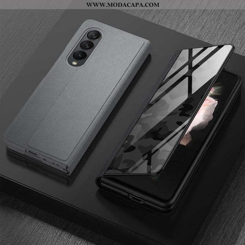 Capa De Celular Para Samsung Galaxy Z Fold 3 5G Flip Linha De Couro De Vidro Temperado