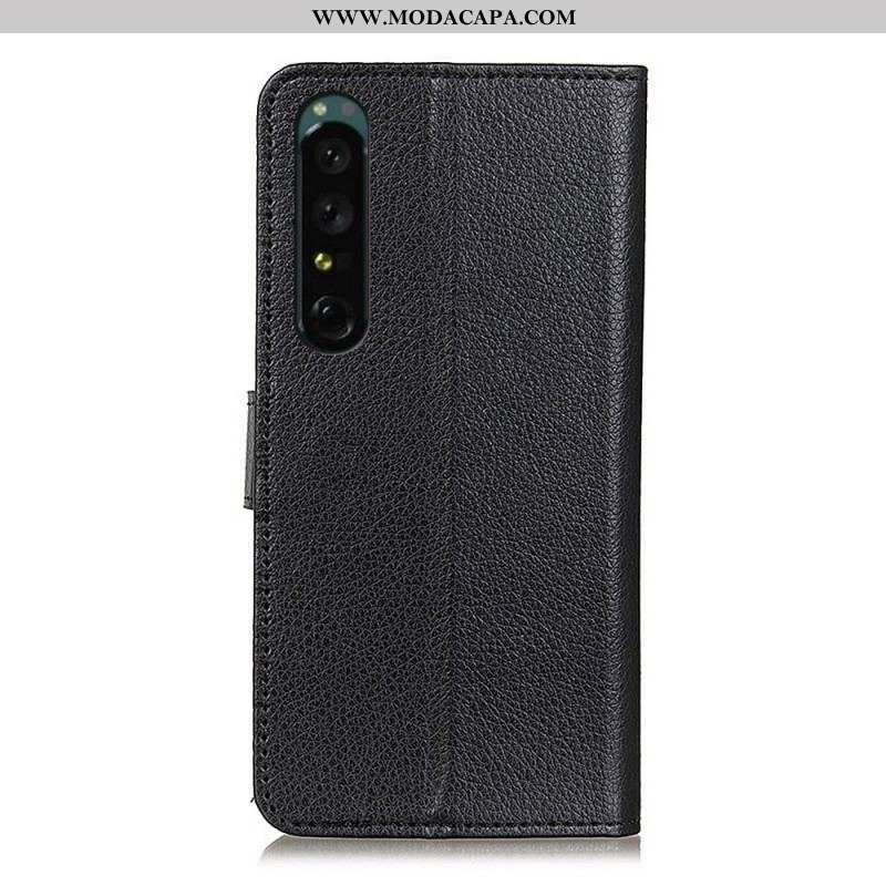 Capa Folio Para Sony Xperia 1 IV Couro Sintético De Lichia Tradicional