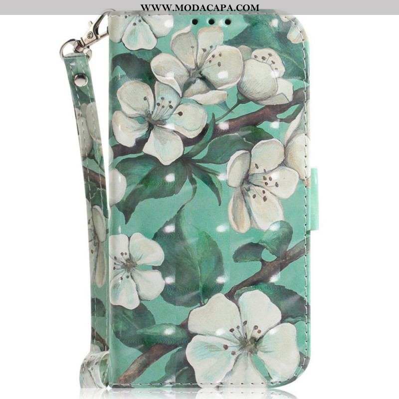 Capa Flip Para Sony Xperia 1 IV De Cordão Flores Brancas Com Tiras