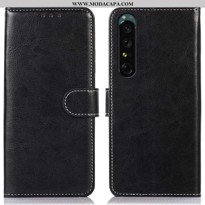 Capa De Couro Para Sony Xperia 1 IV Costuras Expostas Estilo Couro