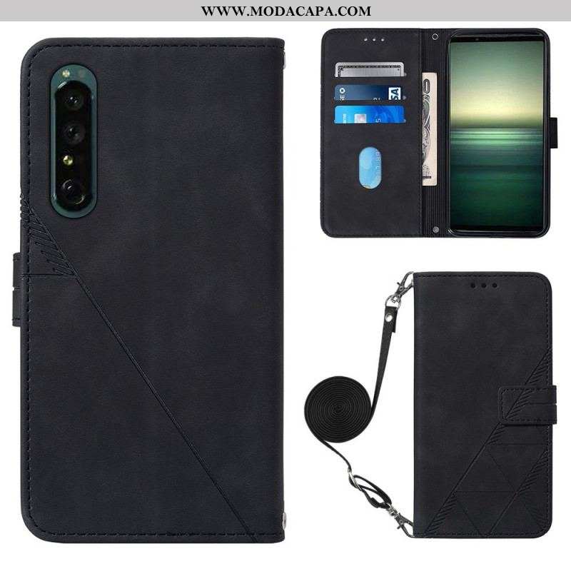 Capa Flip Para Sony Xperia 1 IV Triângulos Com Alça De Ombro