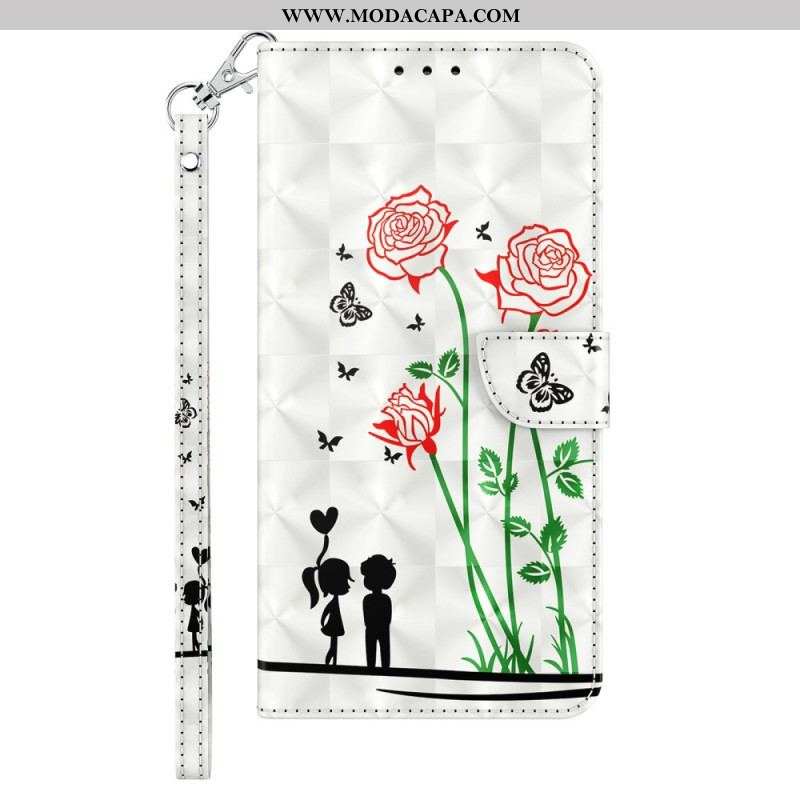 Capa Flip Para Sony Xperia 1 IV Rosas Com Cordão