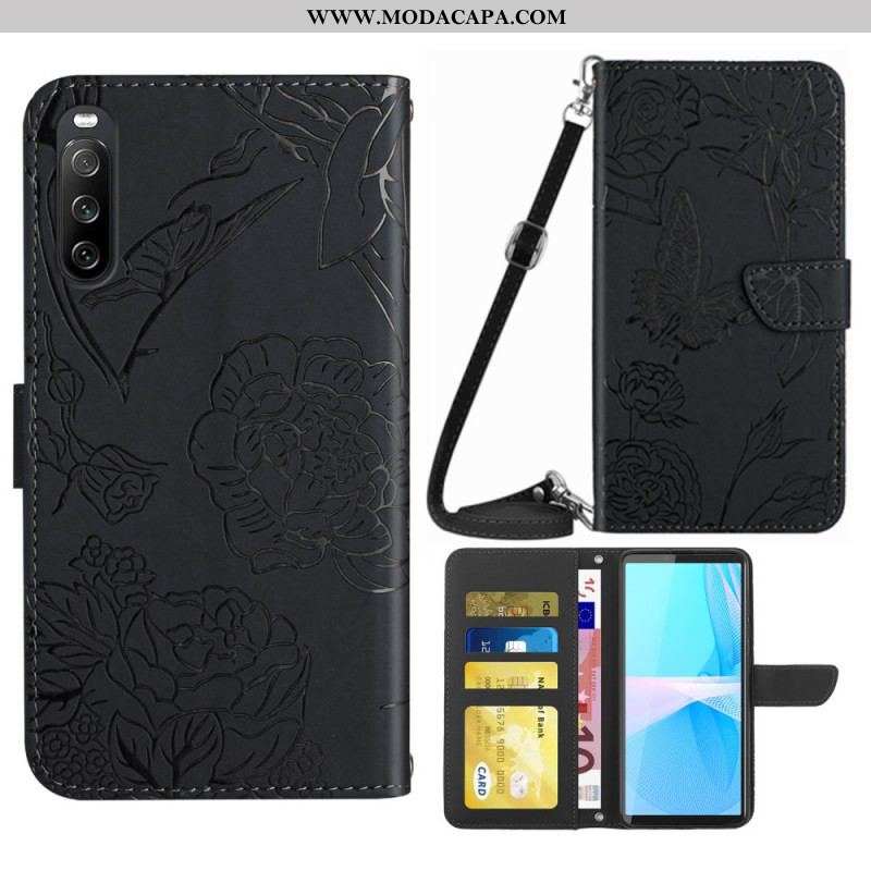 Capa Em Pele Para Sony Xperia 10 IV Borboletas Com Alça De Ombro