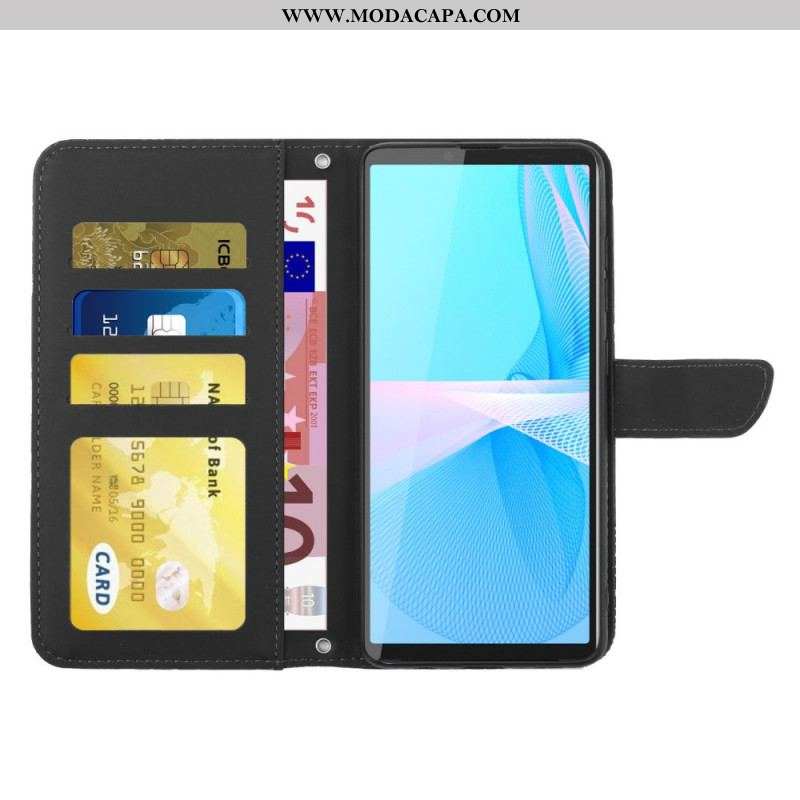 Capa Em Pele Para Sony Xperia 10 IV Borboletas Com Alça De Ombro