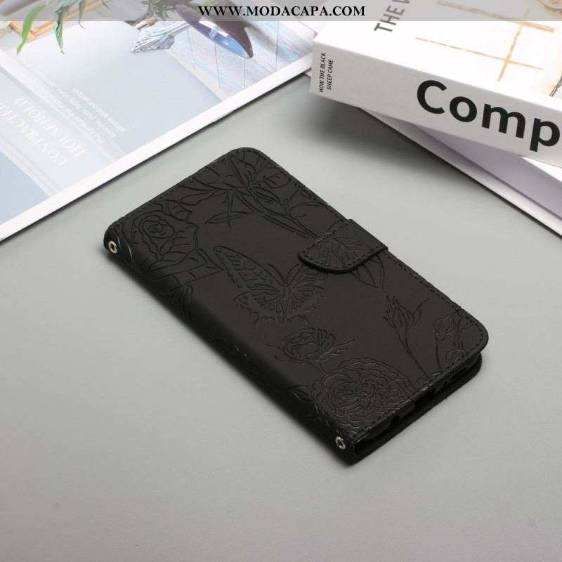 Capa Em Pele Para Sony Xperia 10 IV Borboletas Com Alça De Ombro