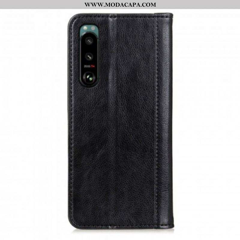 Capa De Celular Para Sony Xperia 5 III Flip Clássico Couro De Lichia Rachado