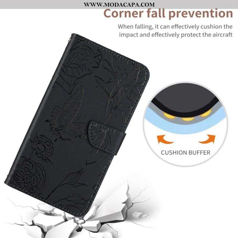 Capa Flip Para Sony Xperia 5 IV Borboletas Com Cordão