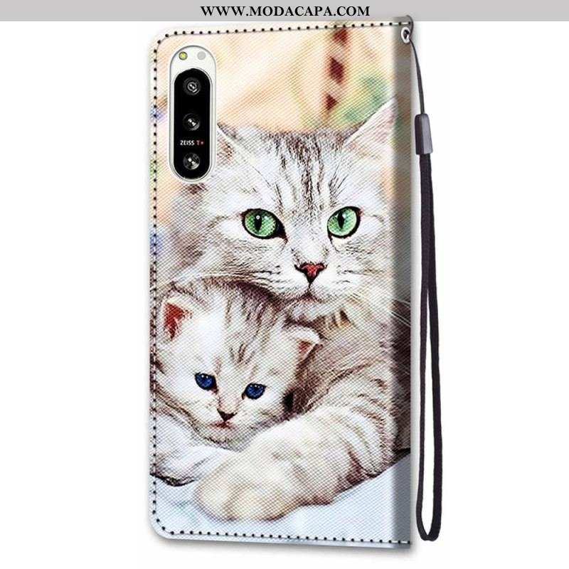 Capa De Couro Para Sony Xperia 5 IV Família De Gatos