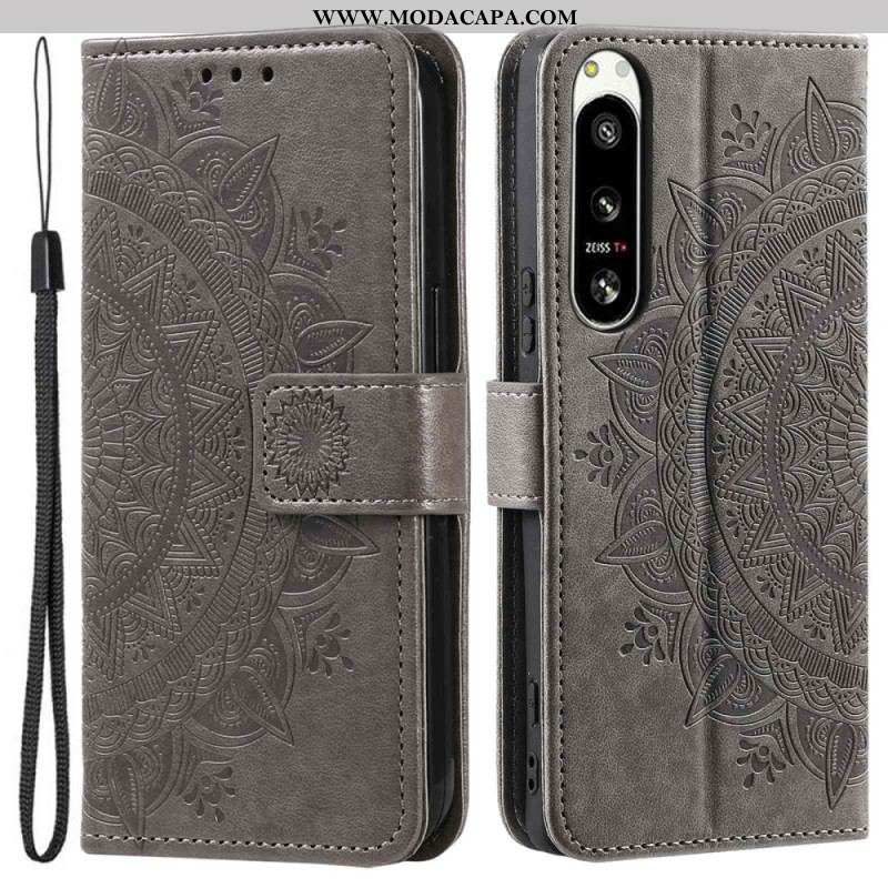 Capa De Couro Para Sony Xperia 5 IV De Cordão Mandala Do Sol Strappy