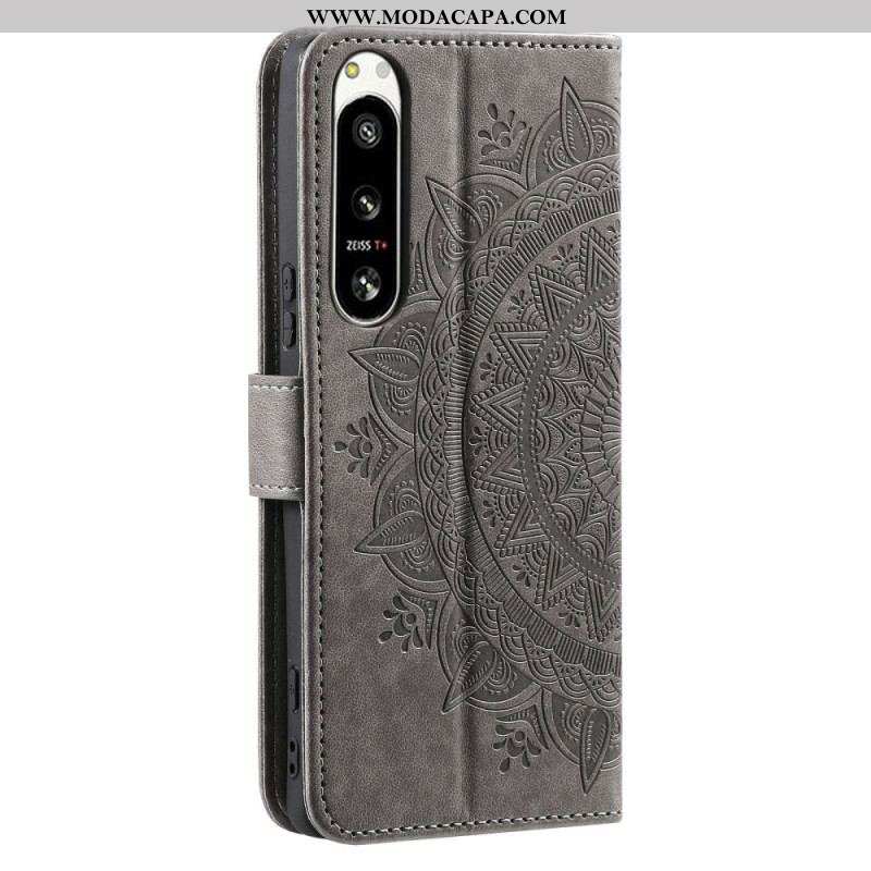 Capa De Couro Para Sony Xperia 5 IV De Cordão Mandala Do Sol Strappy