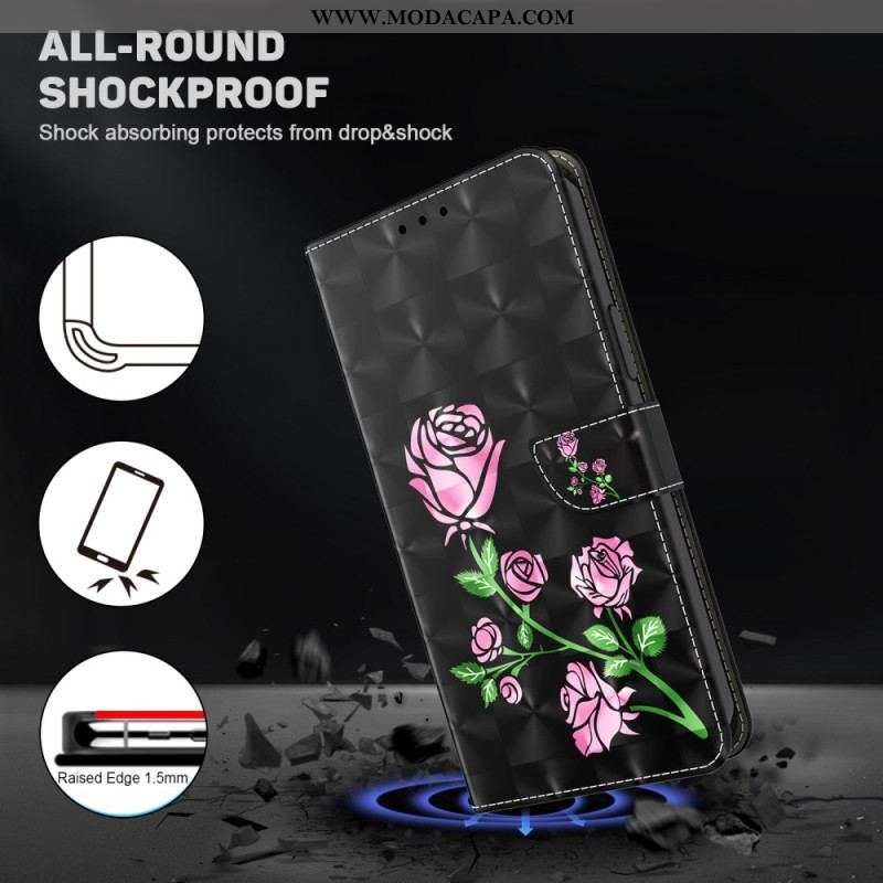 Capa Flip Para Sony Xperia 5 IV De Cordão Rosas De Alça