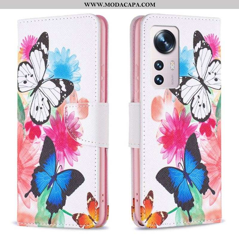 Capa Folio Para Xiaomi 12 / 12X Borboletas E Flores Pintadas