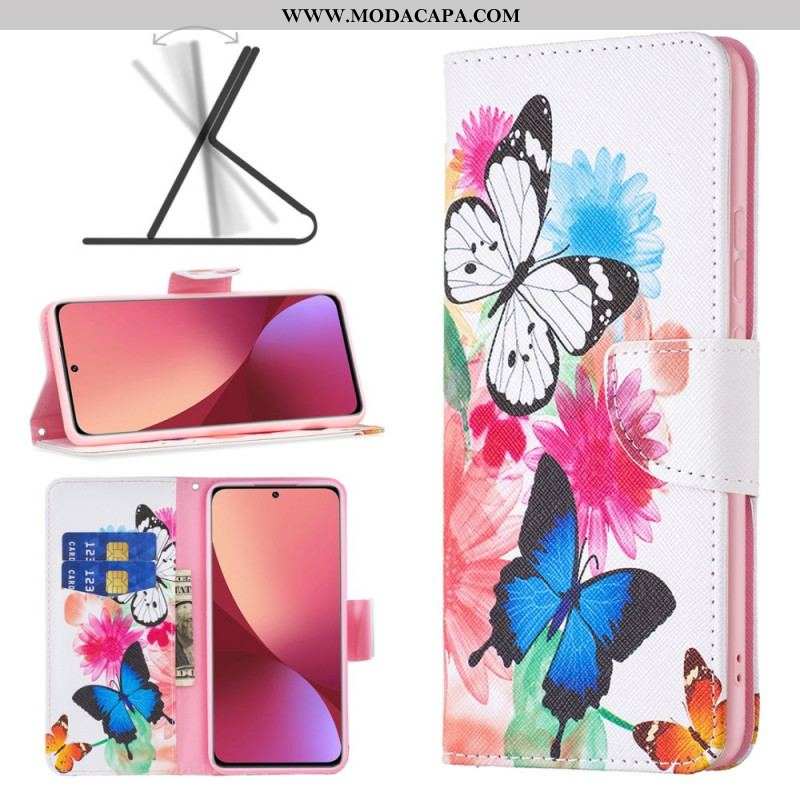 Capa Folio Para Xiaomi 12 / 12X Borboletas E Flores Pintadas