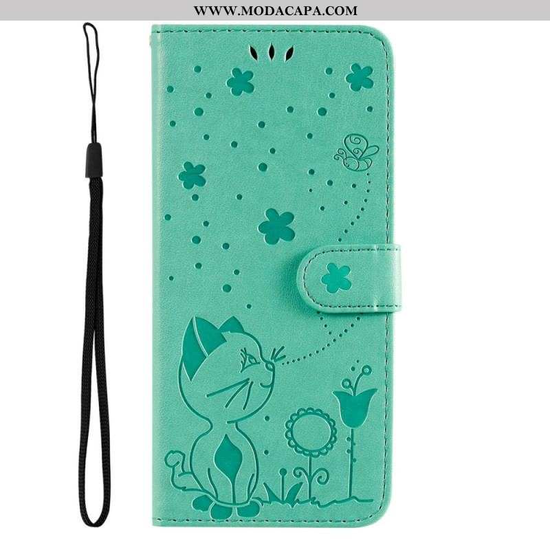 Capa Flip Para Xiaomi 12 Lite De Cordão Gato E Abelha Com Cordão