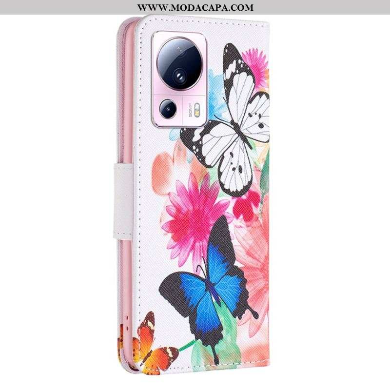 Capa Flip Para Xiaomi 13 Lite Aquarela Borboletas