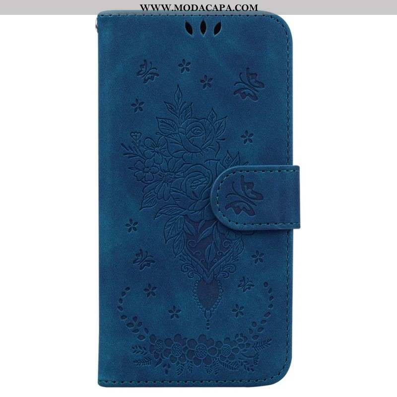 Capa Folio Para Xiaomi 13 Pro De Cordão Strappy Rosas E Borboletas