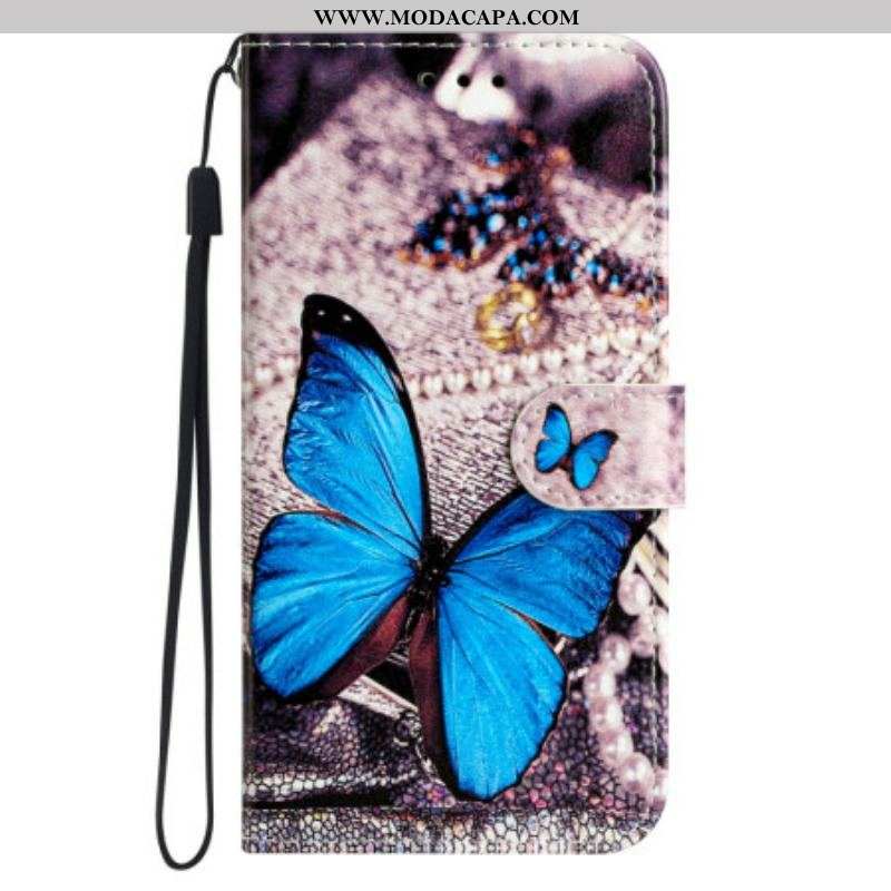 Capa Flip Para Xiaomi Redmi A1 De Cordão Borboleta Azul Com Alça