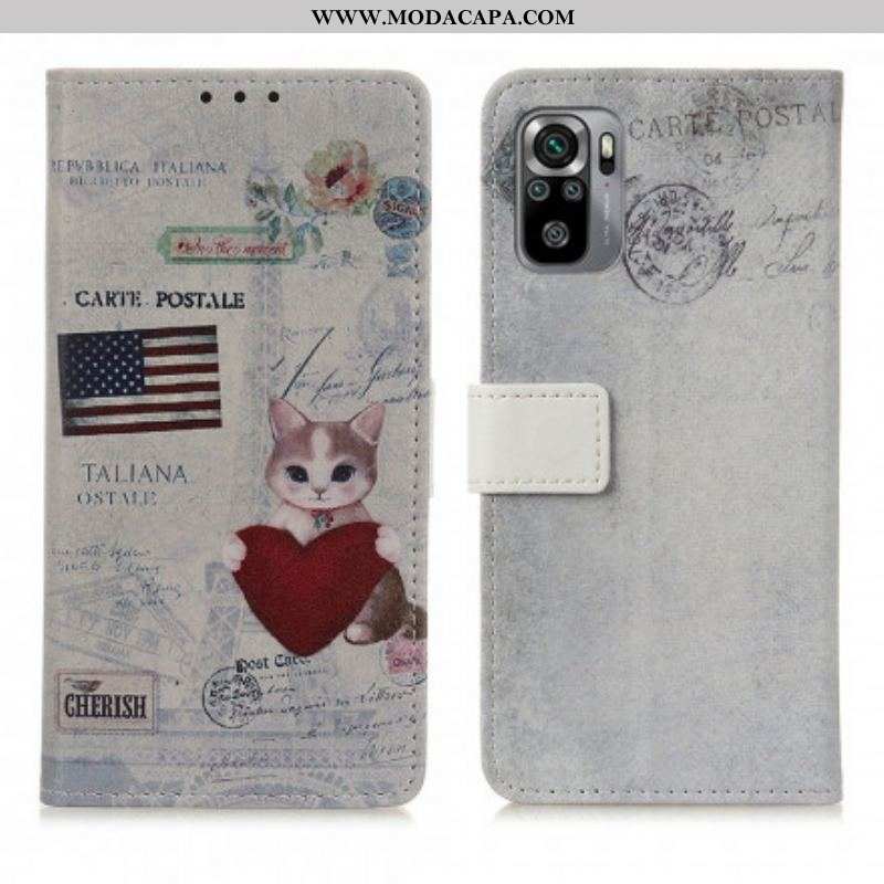 Capa De Couro Para Xiaomi Redmi Note 10 / 10S Gato Viajante