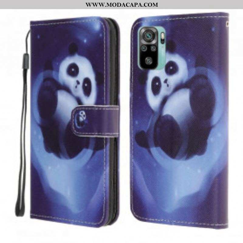 Capa Flip Para Xiaomi Redmi Note 10 / 10S De Cordão Espaço Panda Com Lanyard
