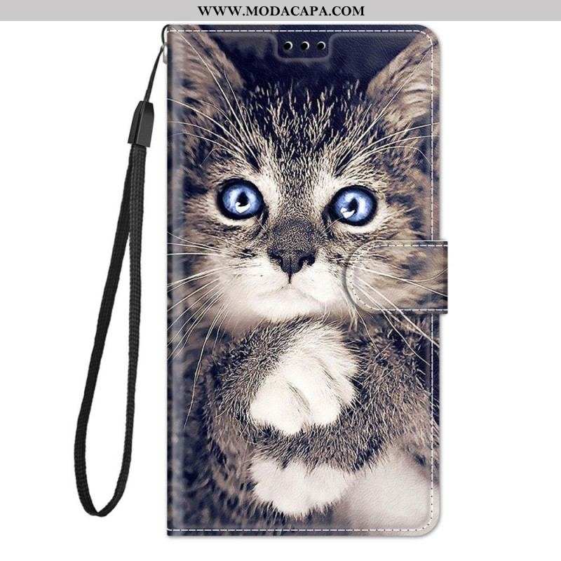 Capa Flip Para Xiaomi Redmi Note 10 Pro De Cordão Gato Muito Fofo Com Alça