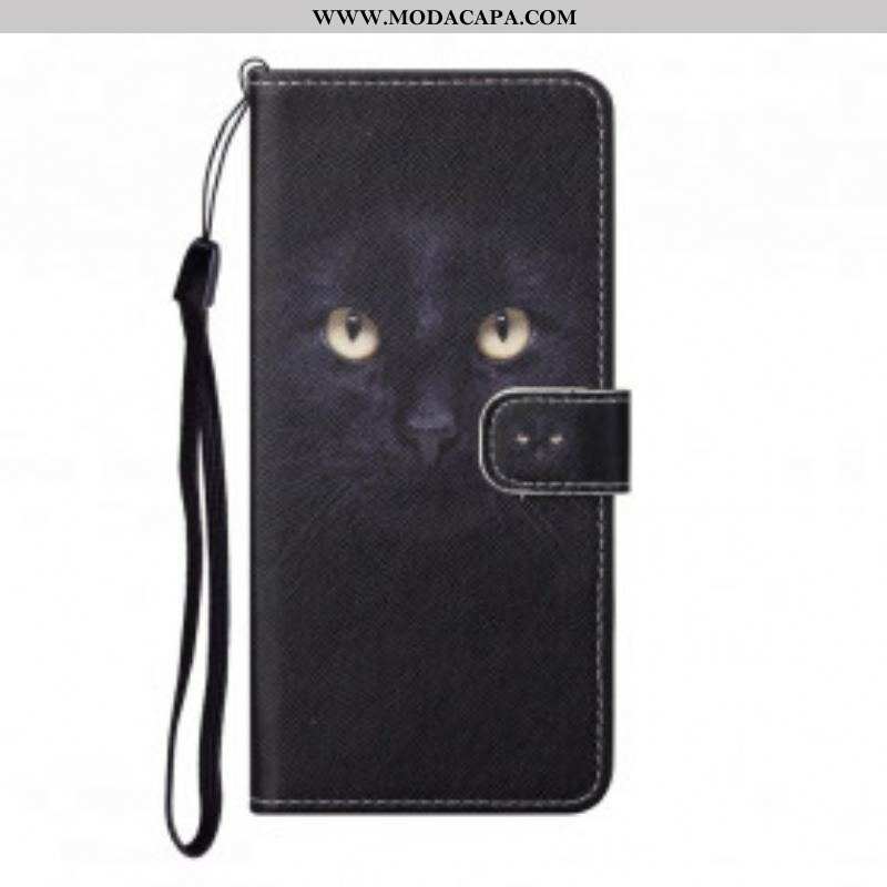 Capa De Couro Para Xiaomi Redmi Note 10 Pro De Cordão Olhos De Gato Preto Com Tiras
