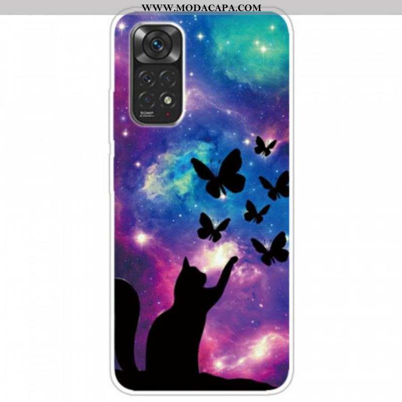 Capa Para Xiaomi Redmi Note 11 / 11S Gato E Borboletas No Espaço