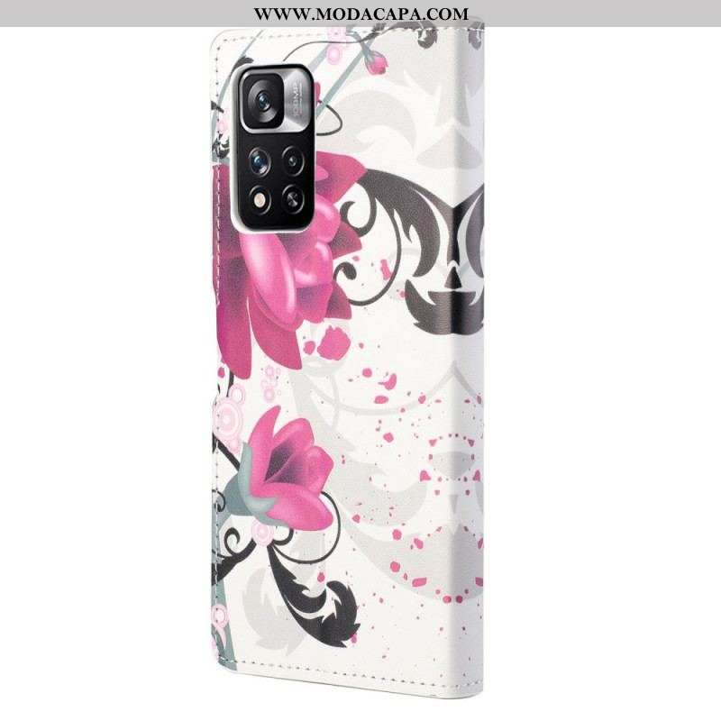 Capa De Couro Para Xiaomi Redmi Note 11 Pro / 11 Pro 5G Flores Tropicais