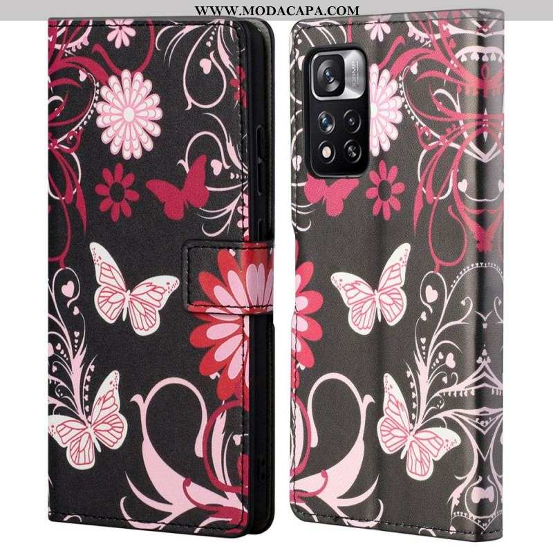 Capa De Couro Para Xiaomi Redmi Note 11 Pro / 11 Pro 5G Borboletas E Flores