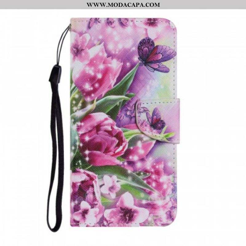 Capa Em Pele Para Xiaomi Redmi Note 11 Pro Plus 5G Borboletas E Tulipas