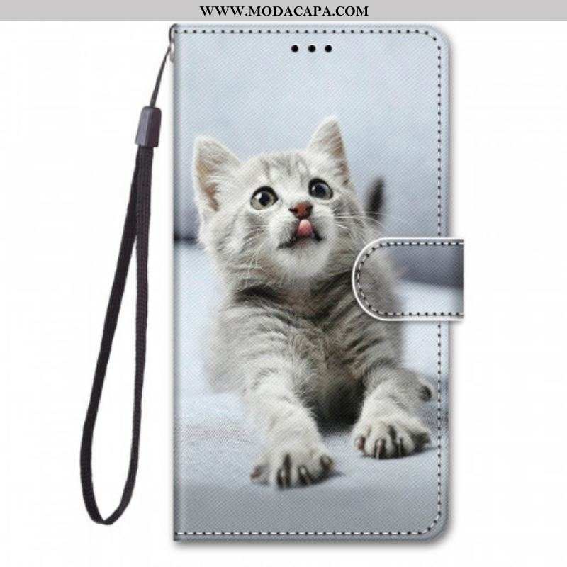 Capa Em Pele Para Xiaomi Redmi Note 11 Pro Plus 5G De Cordão Gatinho Cinza Com Alça