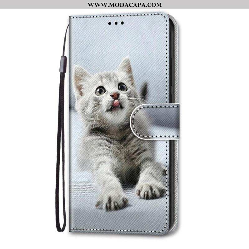 Capa Em Pele Para Xiaomi Redmi Note 11 Pro Plus 5G De Cordão Gatinho Cinza Com Alça