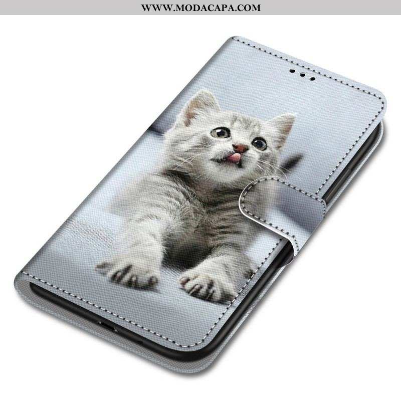 Capa Em Pele Para Xiaomi Redmi Note 11 Pro Plus 5G De Cordão Gatinho Cinza Com Alça