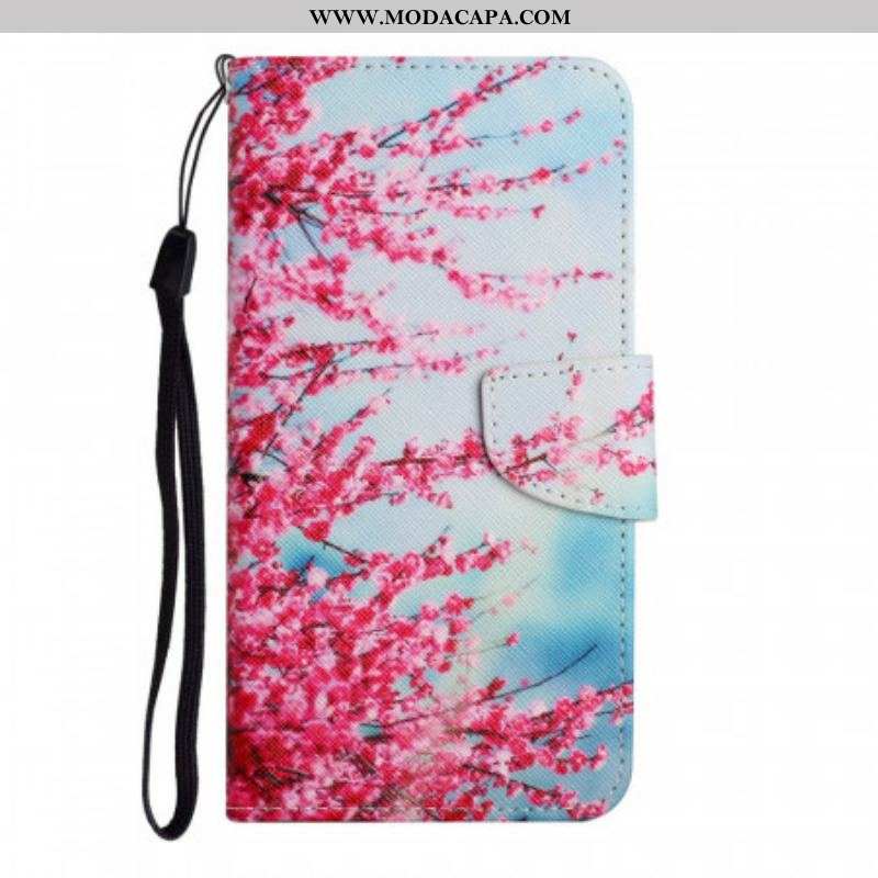 Capa Flip Para Xiaomi Redmi Note 11 Pro Plus 5G De Cordão Ramo Florido Com Alça