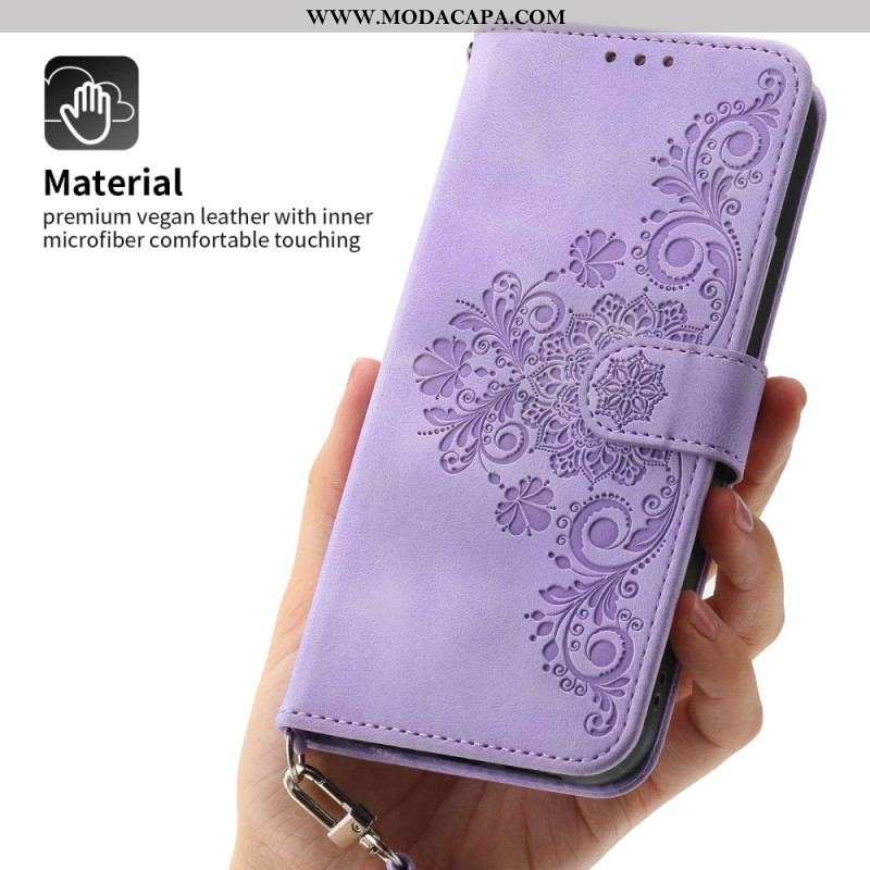 Capa Flip Para Xiaomi Redmi Note 12 5G Floral Com Alça E Alça De Ombro