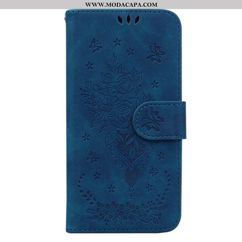 Capa Flip Para Xiaomi Redmi Note 12 5G De Cordão Strappy Rosas E Borboletas