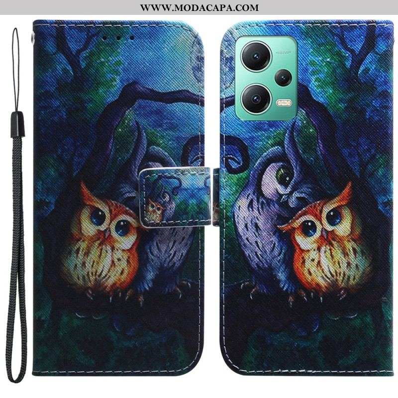 Capa Folio Para Xiaomi Redmi Note 12 5G De Cordão Pintura De Corujas Strappy