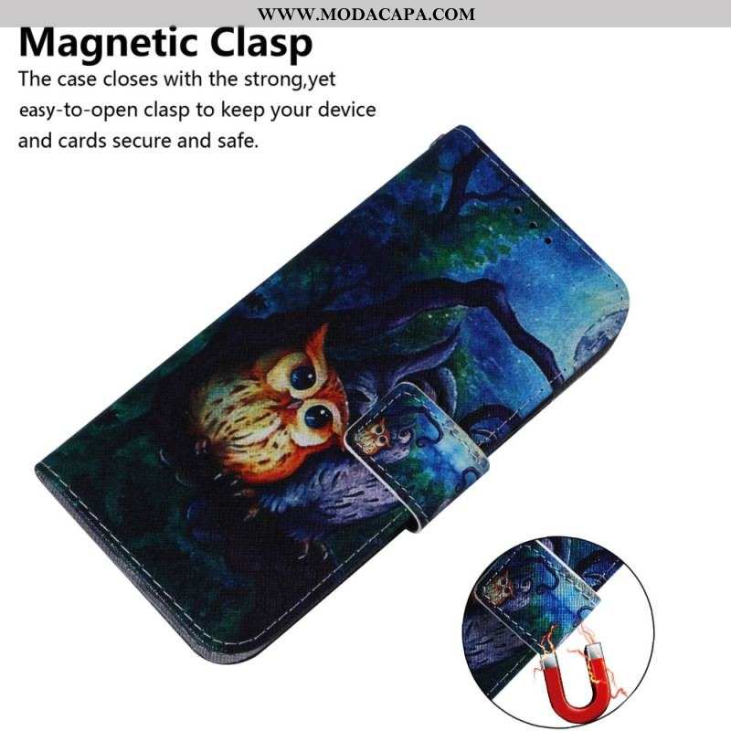 Capa Folio Para Xiaomi Redmi Note 12 5G De Cordão Pintura De Corujas Strappy