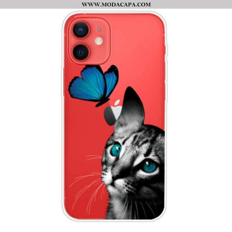 Capa Para iPhone 13 Mini Gato E Borboleta