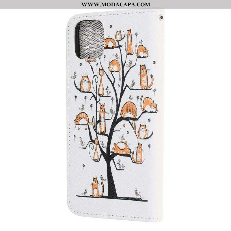 Capa Flip Para iPhone 13 Mini De Cordão Gatos Divertidos Com Alça