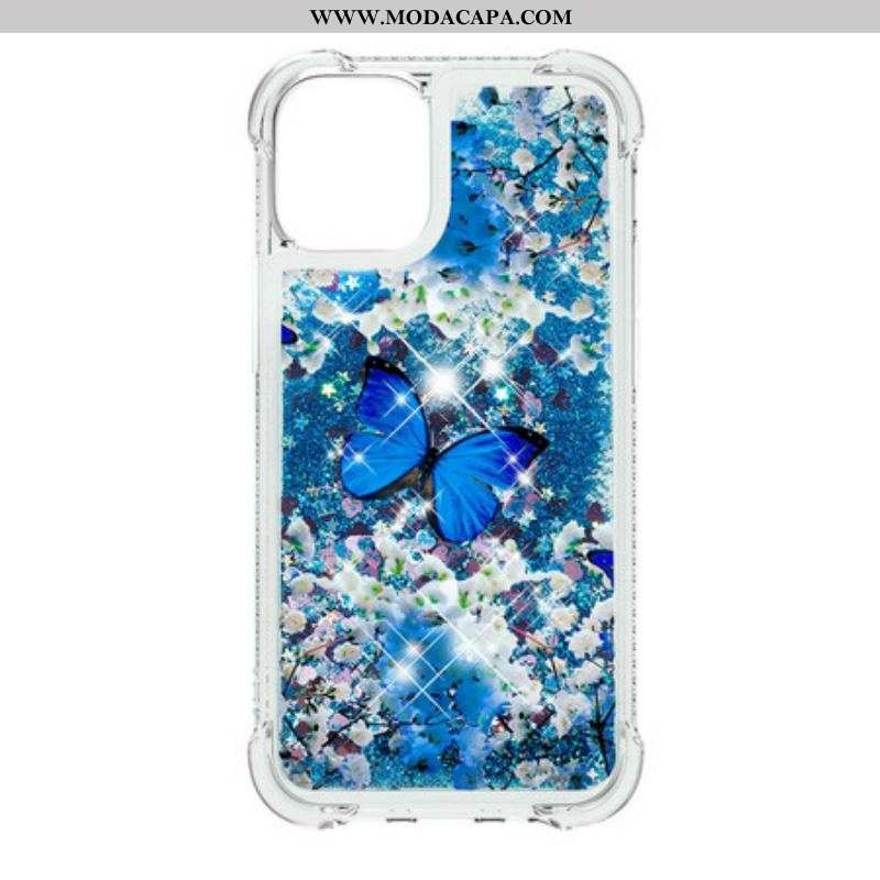 Capa Para iPhone 13 Pro Max Borboletas Azuis Brilhantes