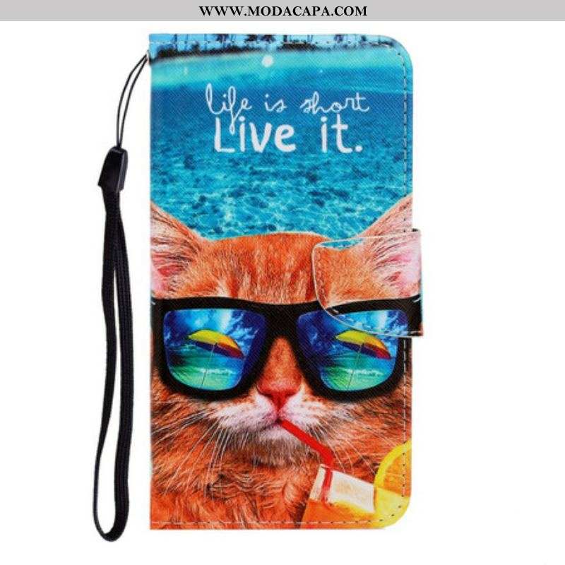 Capa De Couro Para iPhone 13 Pro De Cordão Cat Live It Strappy