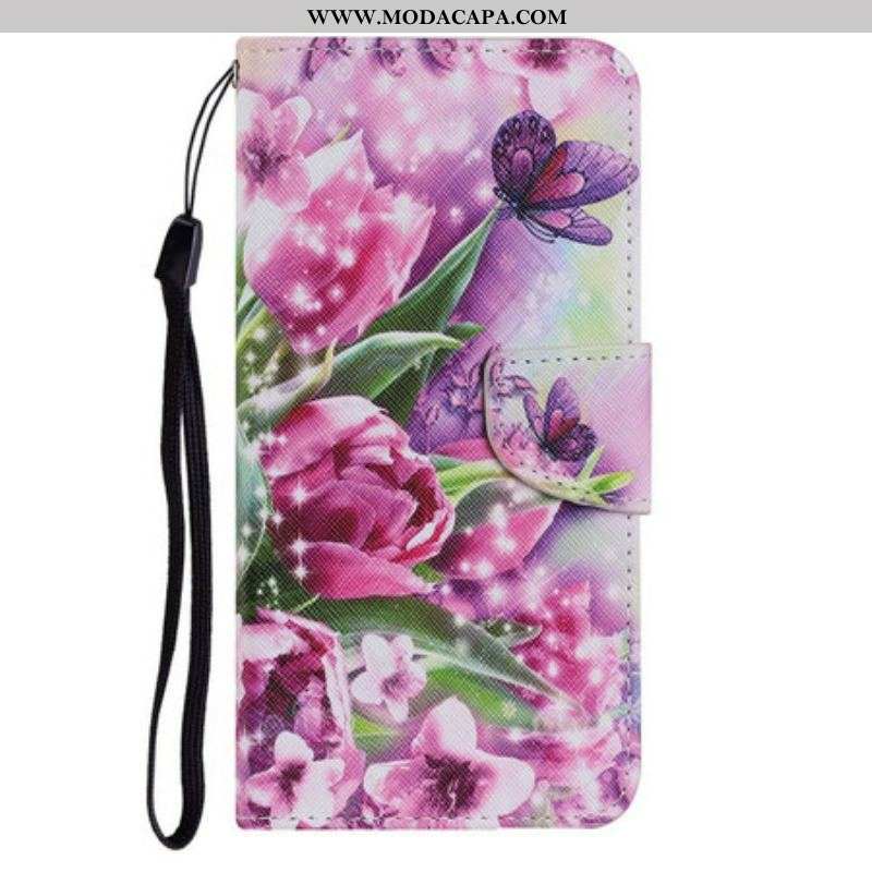 Capa Em Pele Para iPhone 13 Pro Borboletas E Tulipas