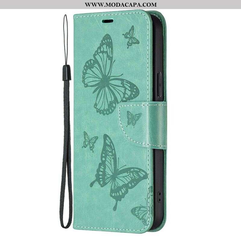 Capa Folio Para iPhone 13 Pro De Cordão Strappy Estampado Borboletas