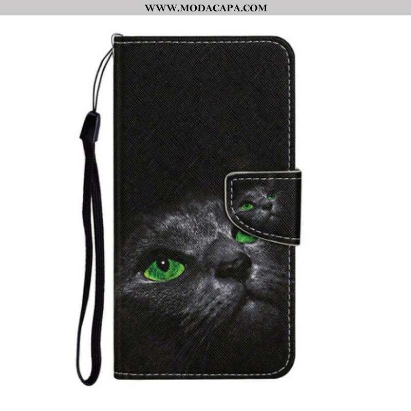 Capa Folio Para iPhone 13 Pro Olhos De Gato Verde Com Cordão