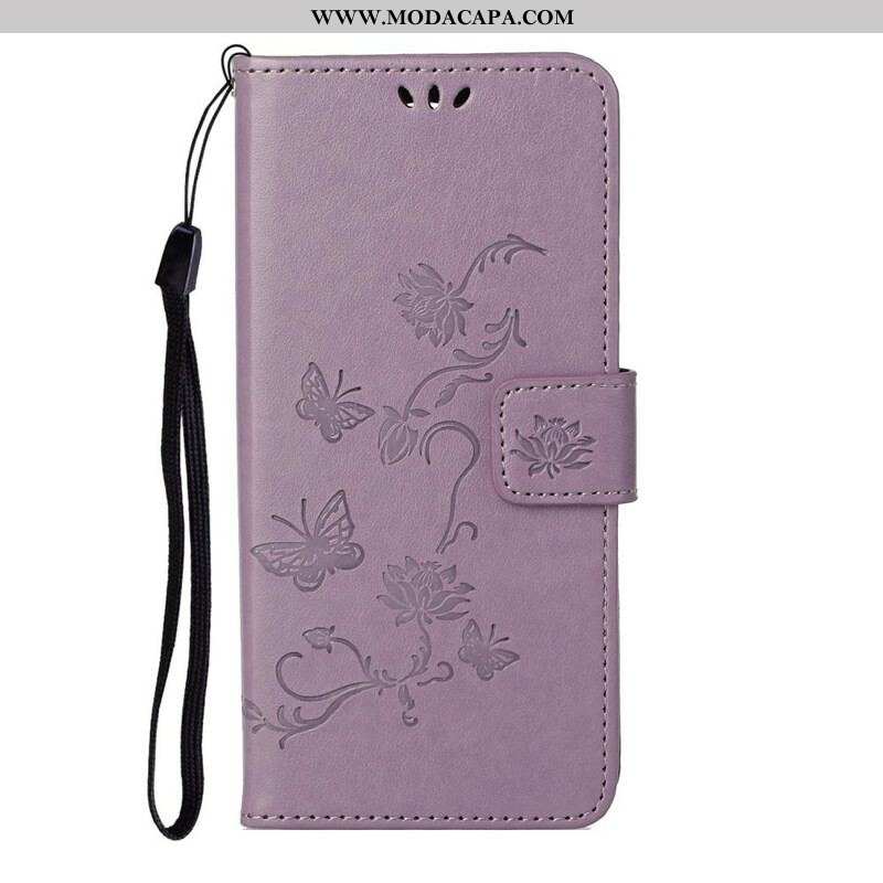 Capa Folio Para iPhone 13 Pro De Cordão Pulseira Borboletas E Flores