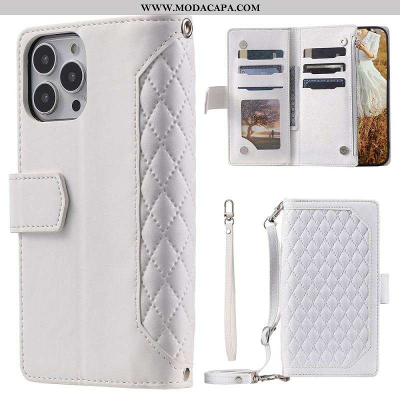 Capa Flip Para iPhone 13 Pro Estilo Acolchoado Com Alça De Ombro